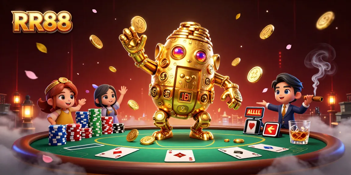 Spin and win at RR88 with vibrant casino games and golden rewards in this immersive 3D illustration.