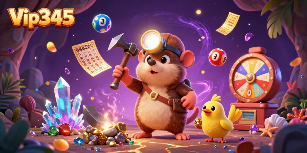 Experience the thrilling atmosphere of Vip345 with a treasure-hunting mole and dynamic lottery elements in a vibrant casino scene.