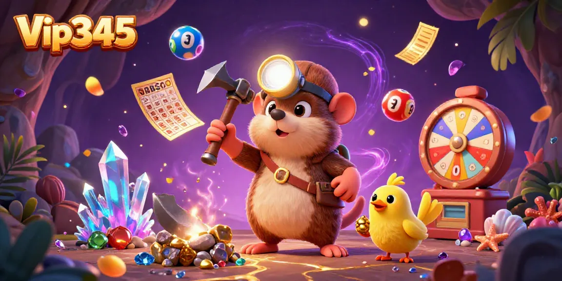 Experience the thrilling atmosphere of Vip345 with a treasure-hunting mole and dynamic lottery elements in a vibrant casino scene.
