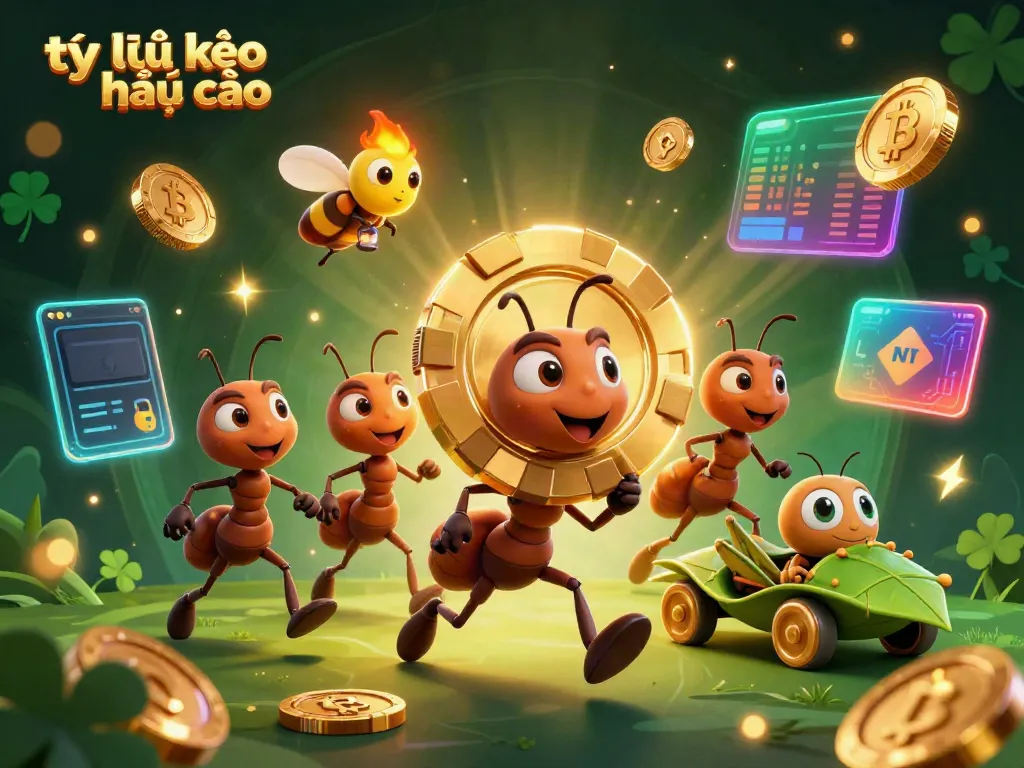 Engaging scene illustrating tỷ lệ kèo nhà cái with an ant team carrying a giant poker chip in a vibrant casino tunnel.