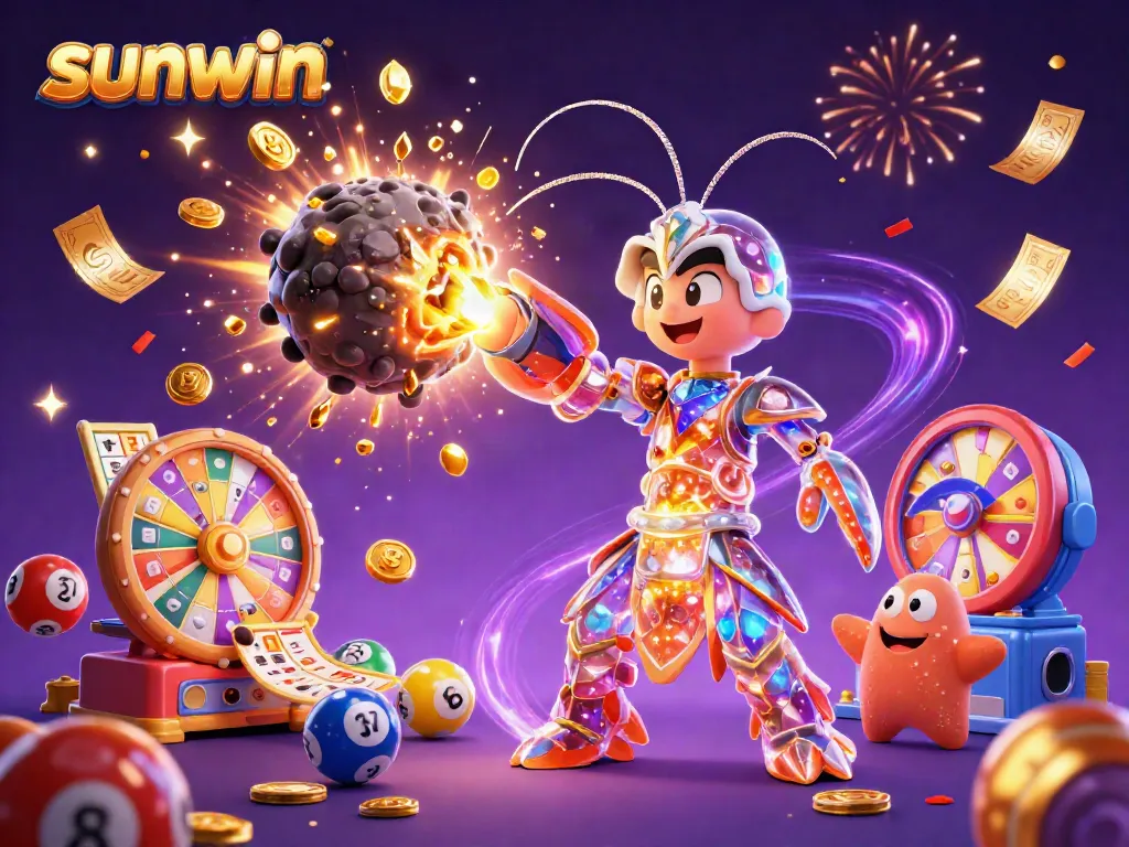 Sunwin showcases an explosive casino scene with vibrant slot elements and festive energy.
