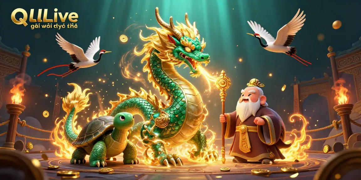 Experience magical entertainment with QQLive giải trí trực tuyến featuring a majestic dragon and lucky cranes.