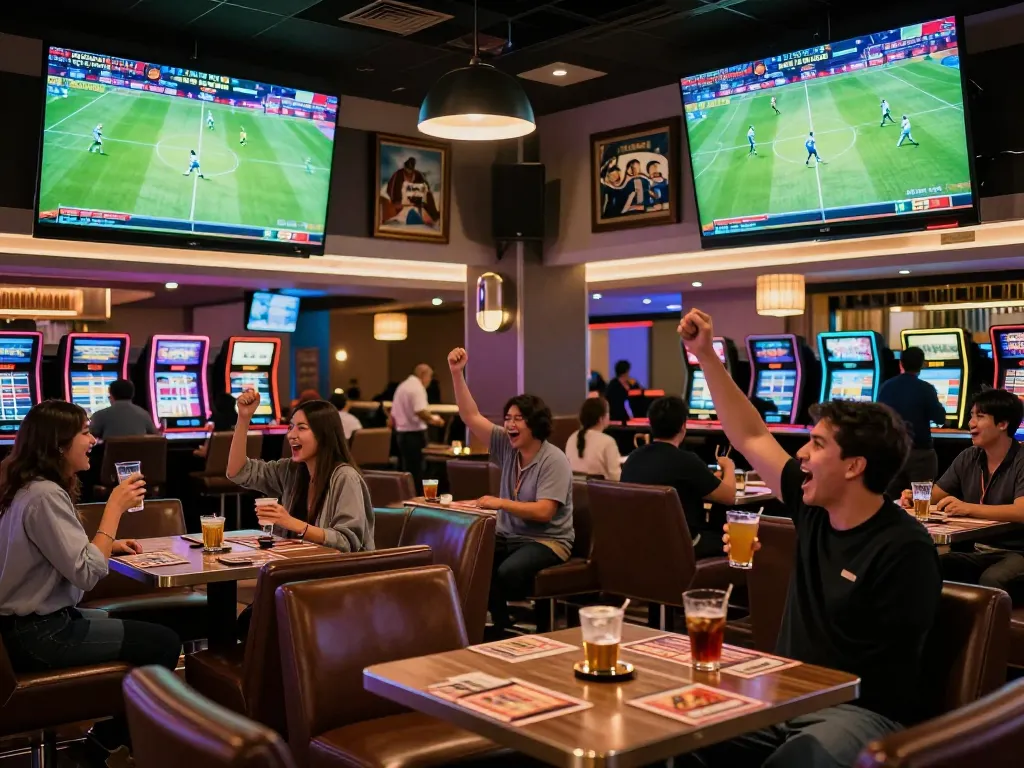 Socolive soccer fans cheering while placing bets in a lively sports betting lounge, vibrant atmosphere.