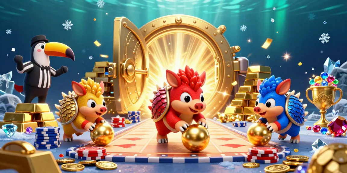 Lode88 soi cầu themed illustration of rival pangolins bowling through poker chips in a casino scene.
