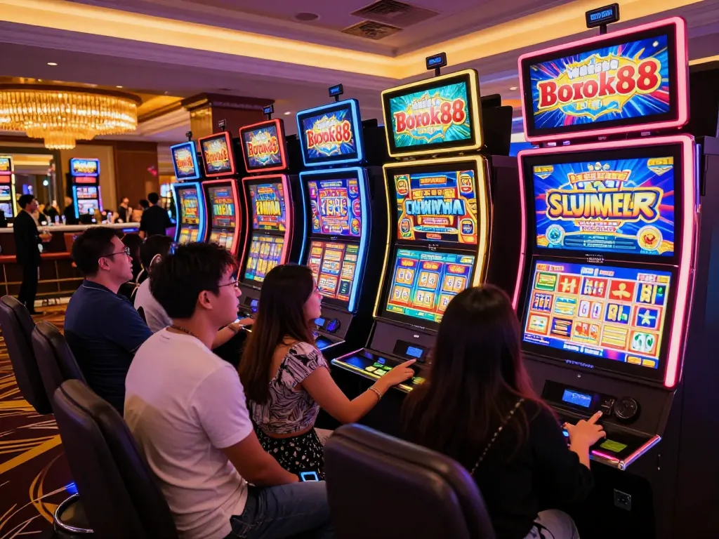 Players engaging with rokok88 slot machines in a vibrant casino atmosphere.