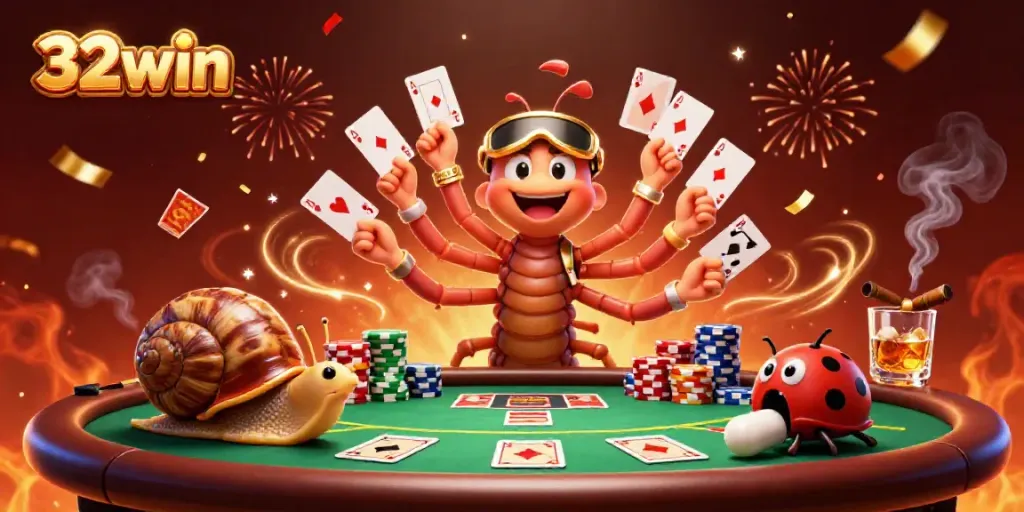 Engage in thrilling action at 32win with a cartoon dealer and high-roller characters playing cards and enjoying poker.