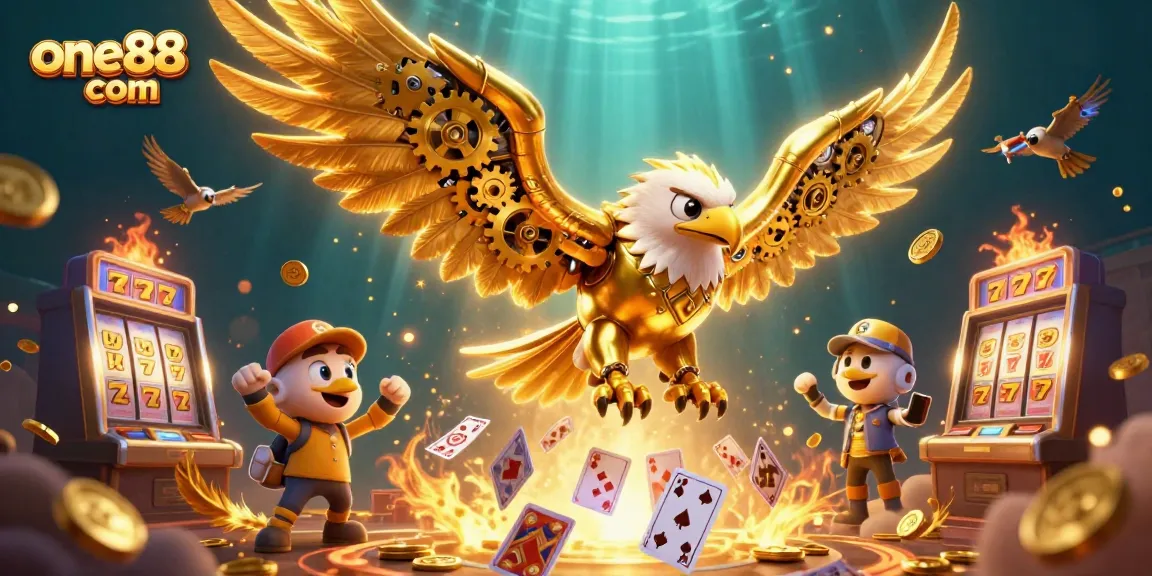 Engage in thrilling games at one88 com with a vibrant 3D casino scene featuring golden eagle and dynamic play.