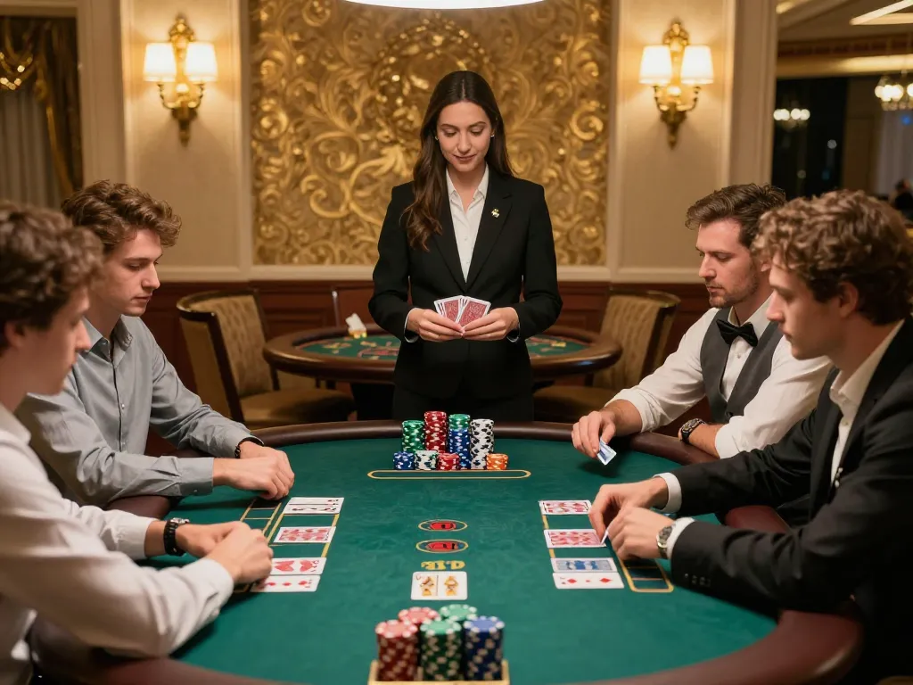 va88 players at an elegant blackjack table strategizing their bets with colorful chips.