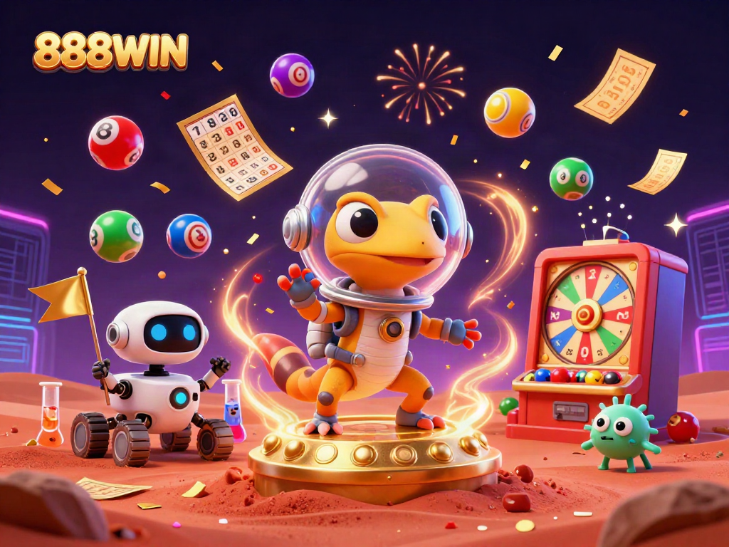 Join the fun at 888WIN as a Martian gecko discovers exciting casino treasures on Mars!