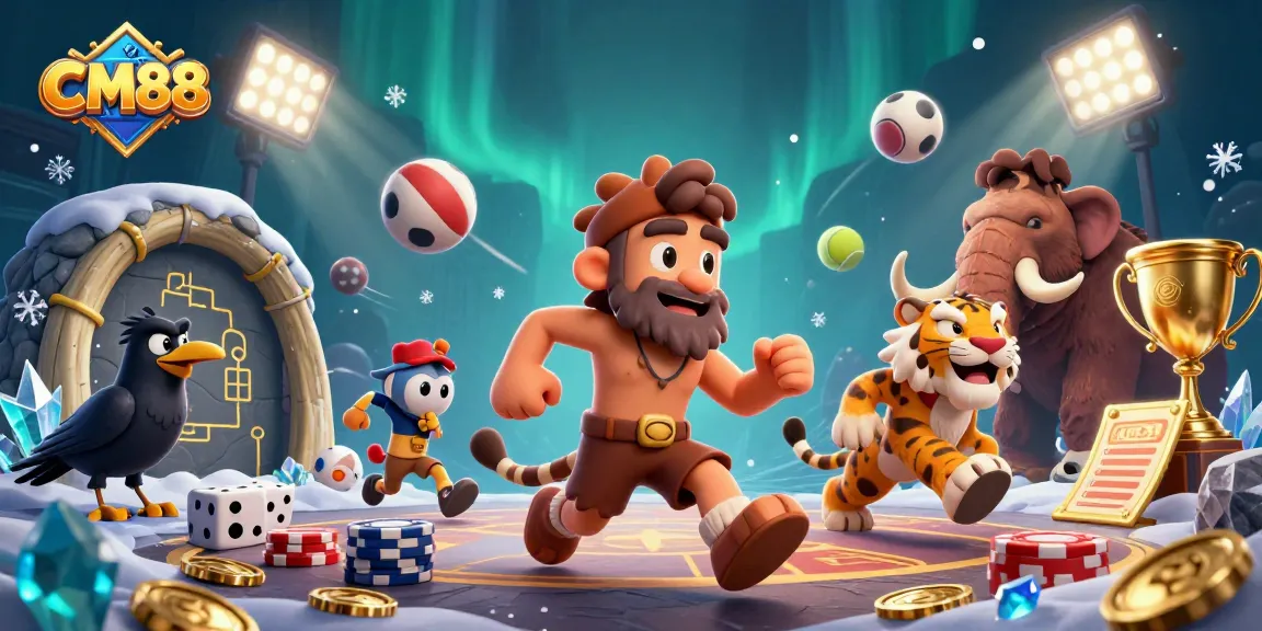 Experience thrilling action at CM88 with a vibrant illustration of a prehistoric casino atmosphere showcasing energetic characters and dynamic elements.