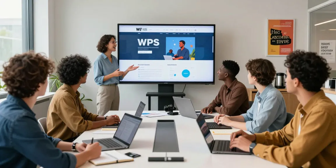 Collaborative meeting showcasing WPS Official Website interface in a modern office.