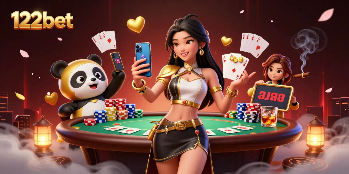 Experimente a emoção do 122bet com uma cena vibrante de cassino apresentando elementos de poker e ricos detalhes visuais.