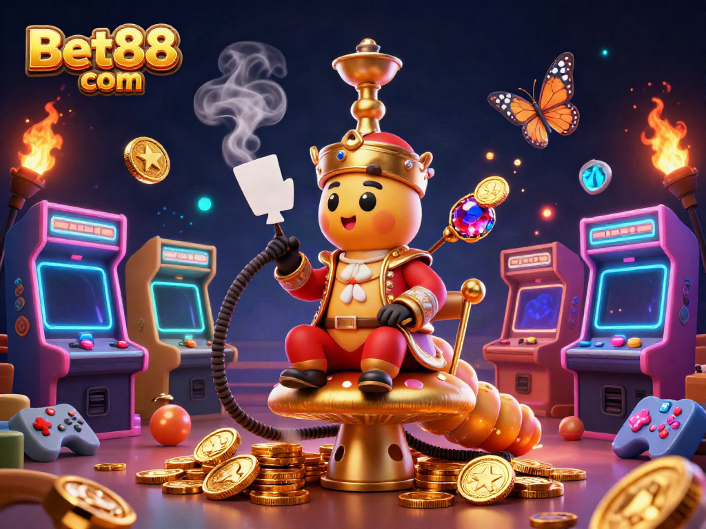 Engage with Bet88 com's vibrant gaming world through this 3D casino illustration of a mystical caterpillar master and arcade elements.