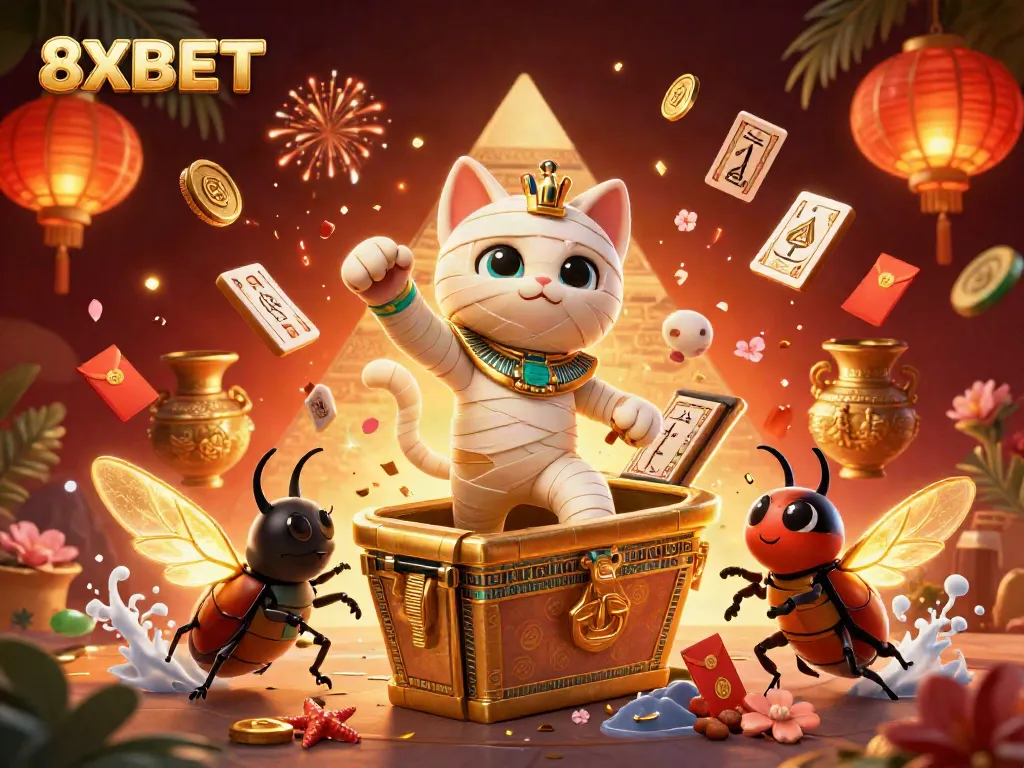 Engage with 8XBET's vibrant gaming atmosphere featuring a mummy cat and glowing scarab in a golden pyramid casino.
