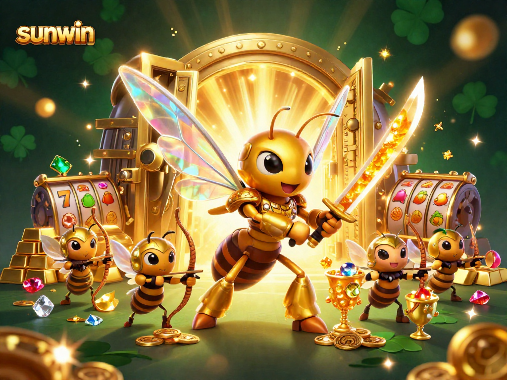 Spin the reels with sunwin's vibrant illustration of a golden hornet in samurai armor amid treasures.