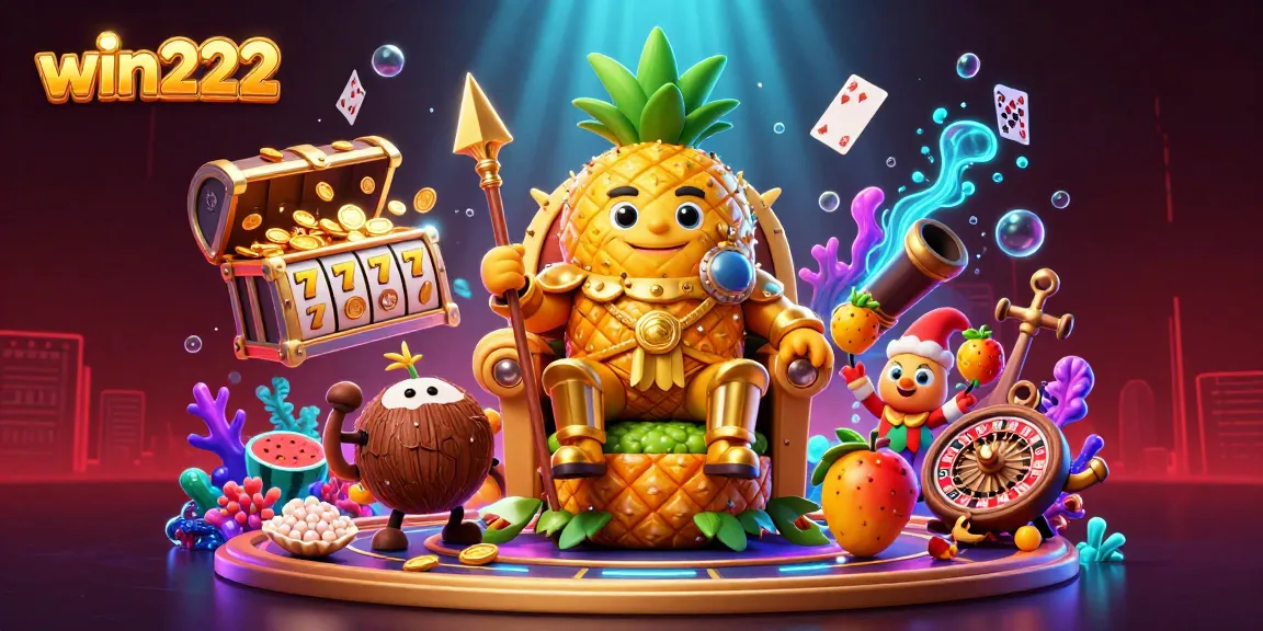 Spin and win with the win222 golden pineapple king and his vibrant casino companions, showcasing slot reels and casino action.