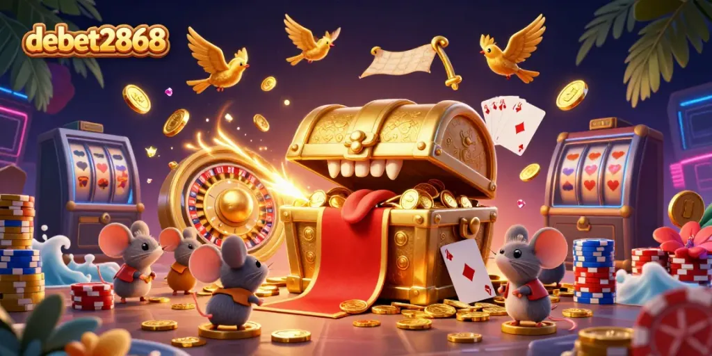 Spin and win at debet2868 with a treasure chest lure and dazzling casino elements.