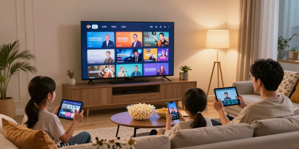 Família assistindo IPTV em casa, sofá aconchegante e iluminação suave.