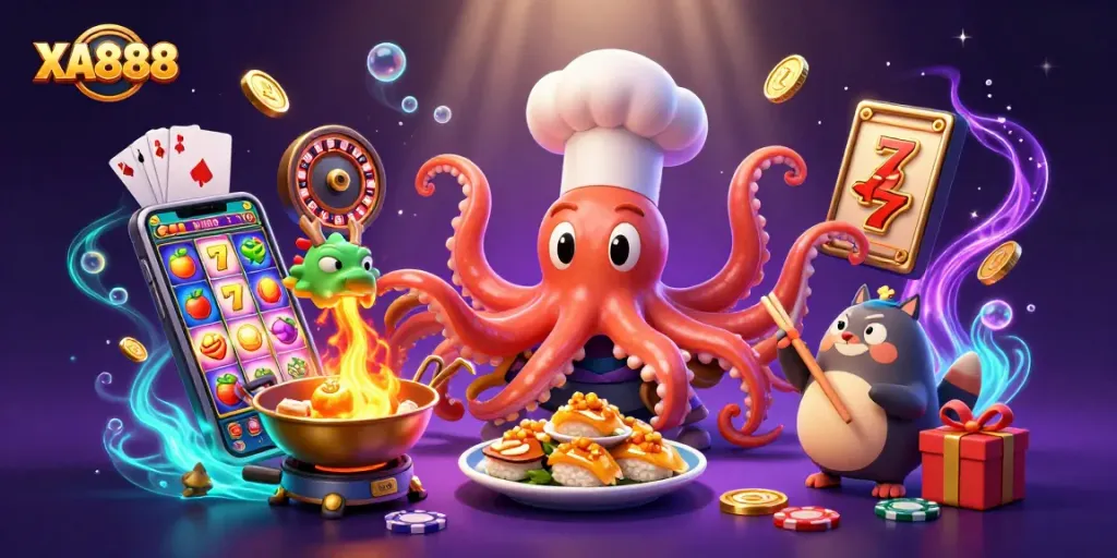 Experience thrilling slot action with XA888 in a vibrant 3D casino scene featuring colorful characters and game elements.