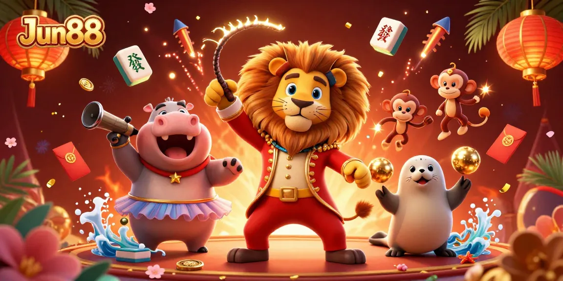 Experience dynamic gaming at Jun88 with vibrant circus characters and casino elements!