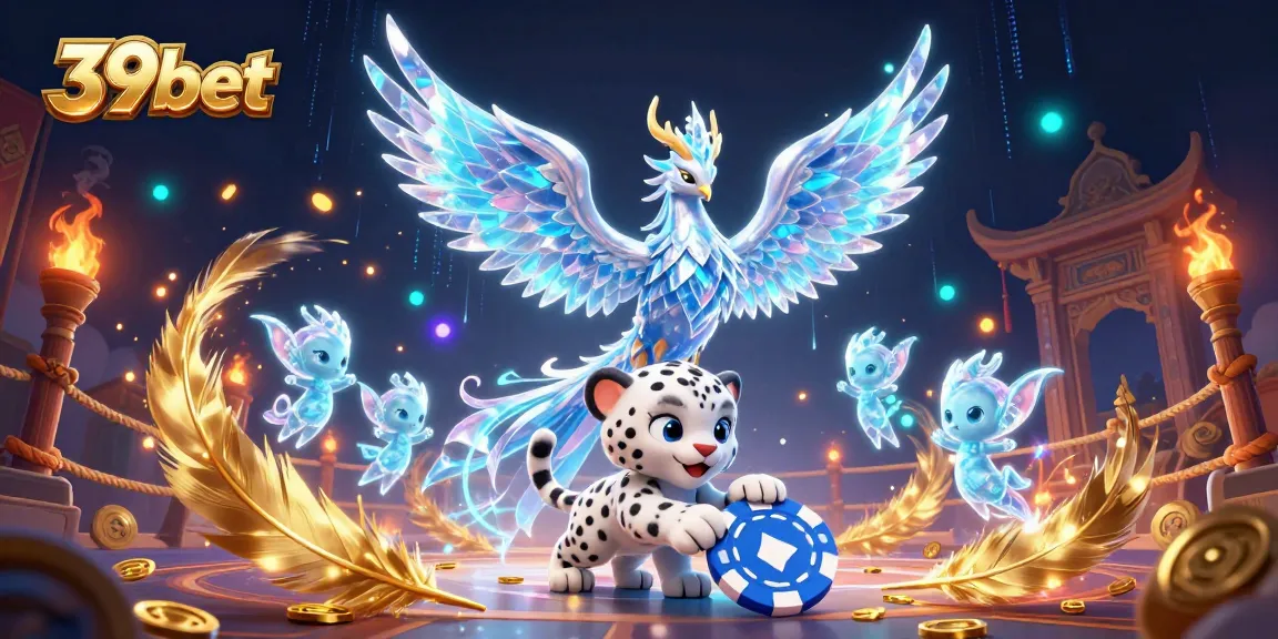 Engage with thrilling gameplay at 39bet, where a snow leopard cub plays with a poker chip amidst a vibrant casino scene.