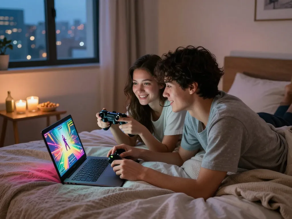 Couple enjoying an adult game on their laptop in a cozy bedroom