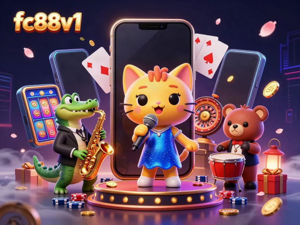 Experience the vibrant gaming atmosphere of fc88v1 with captivating characters and exciting casino elements.