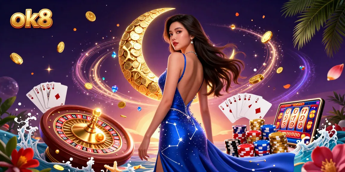 Experience thrilling gameplay at ok8 with a photorealistic Asian woman amidst vibrant casino elements and winning symbols.