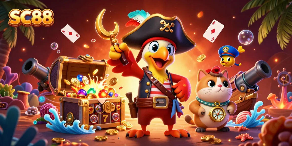 SC88 showcases a vibrant pirate-themed casino scene with treasures and slot reels.