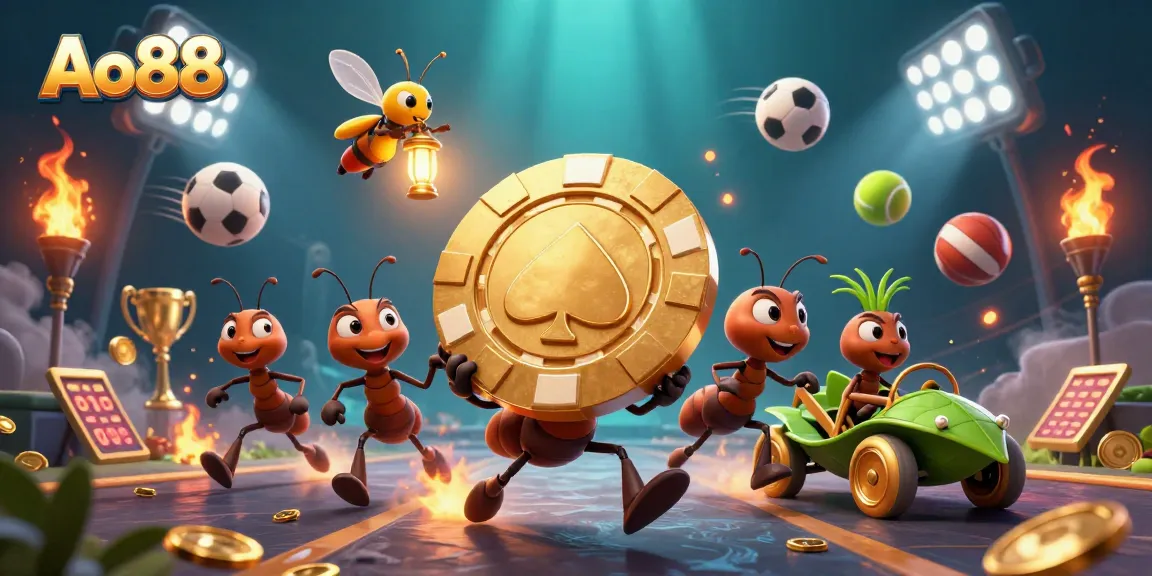 Experience the excitement at Ao88 with ants heisting a giant poker chip in a vibrant casino scene.