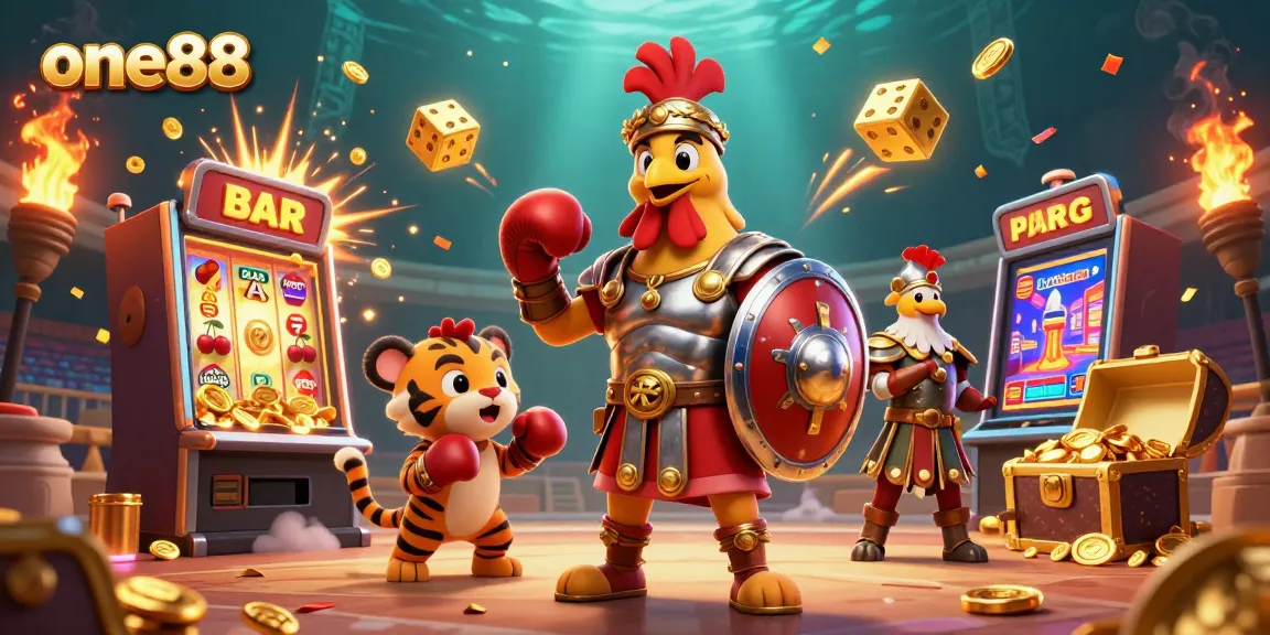 Spin to win with one88: A dynamic 3D illustration of gladiators in a sparkling casino.
