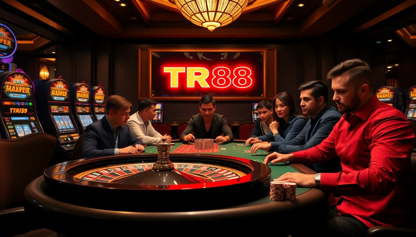 Experience the thrill of high-stakes poker at TR88 casino with vibrant tables and engaging players.