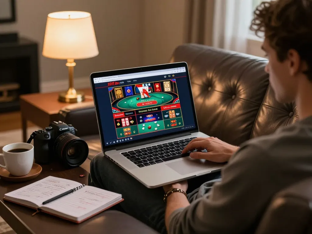 Engaged player using 22ff.br.com for online gambling strategies from a cozy home environment.