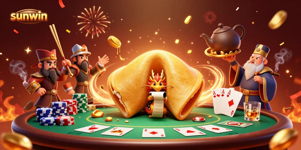 Engage with sunwin’s dynamic poker scene featuring a golden fortune cookie and characters in action.