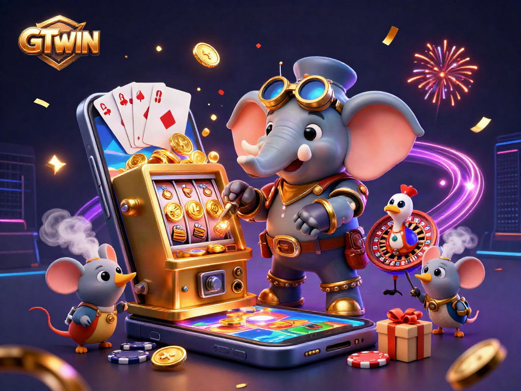 GTWIN brings excitement with slot machines, featuring a steampunk engineer, colorful games, and golden coins.