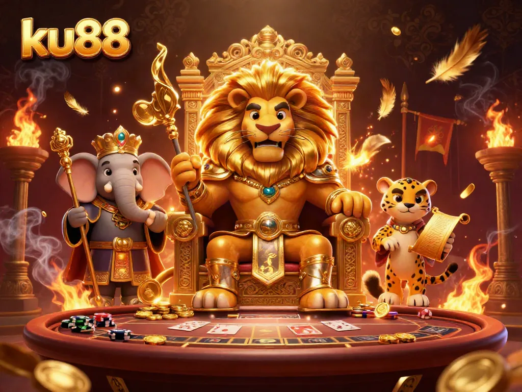 Bet on victory with ku88's majestic king, surrounded by golden treasures and a vibrant casino atmosphere.