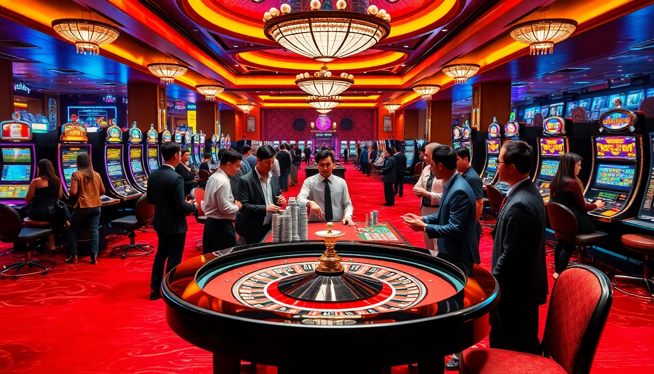 A vibrant scene at nhà cái bj88 casino, showcasing a lively roulette table and excited patrons engaged in high-stakes gaming.