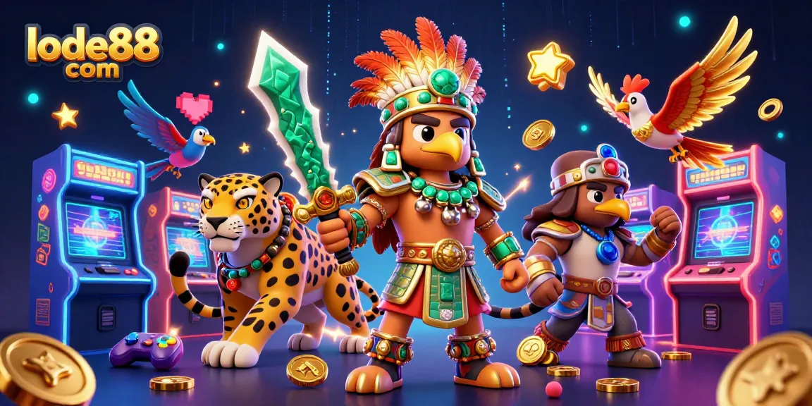 Engage with lode88 com's vibrant gaming scene featuring Aztec warriors and arcade elements.