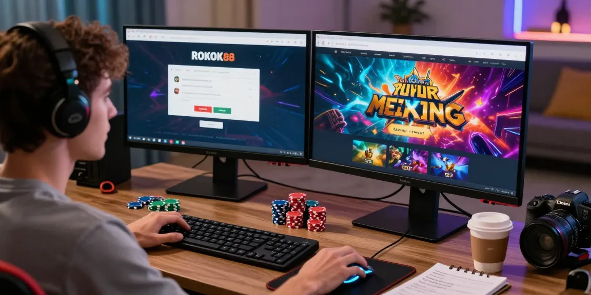 Engaged user accessing rokok88 link login on a modern gaming setup with ambient lighting and vibrant game displays.