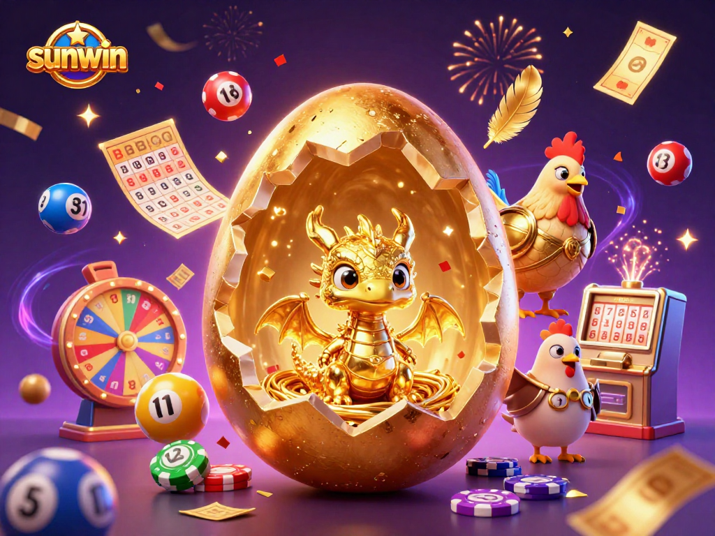 Engage with sunwin's vibrant 3D casino scene featuring a golden dragon, poker chips, and dynamic lottery elements.