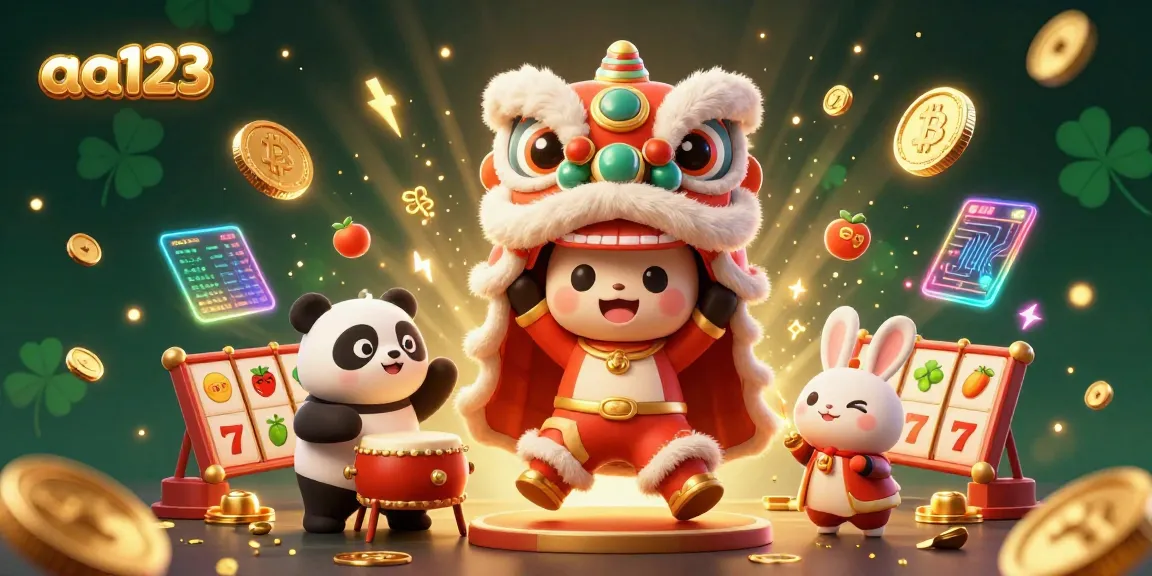 Participe de um emocionante jogo com os slots aa123, enquanto personagens animados celebram com fichas douradas e símbolos vibrantes.