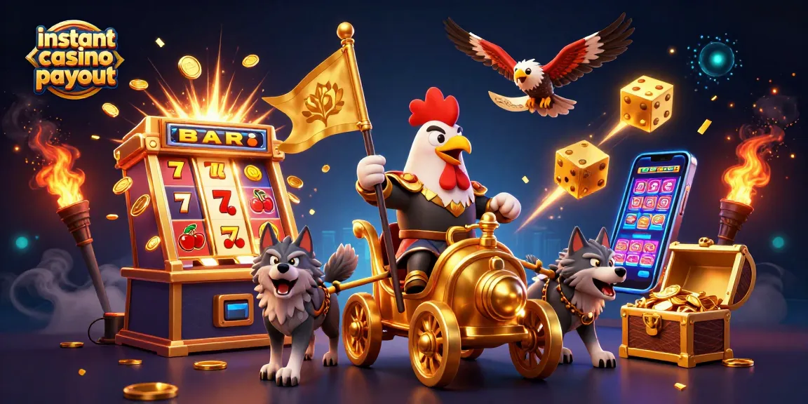 Experience instant casino payout thrills with a dynamic scene of a winning rooster warlord and jackpot elements.