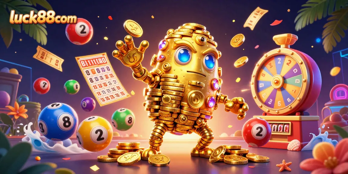 Engage with luck88com's vibrant gaming world featuring colorful lottery balls and gold coin explosions.