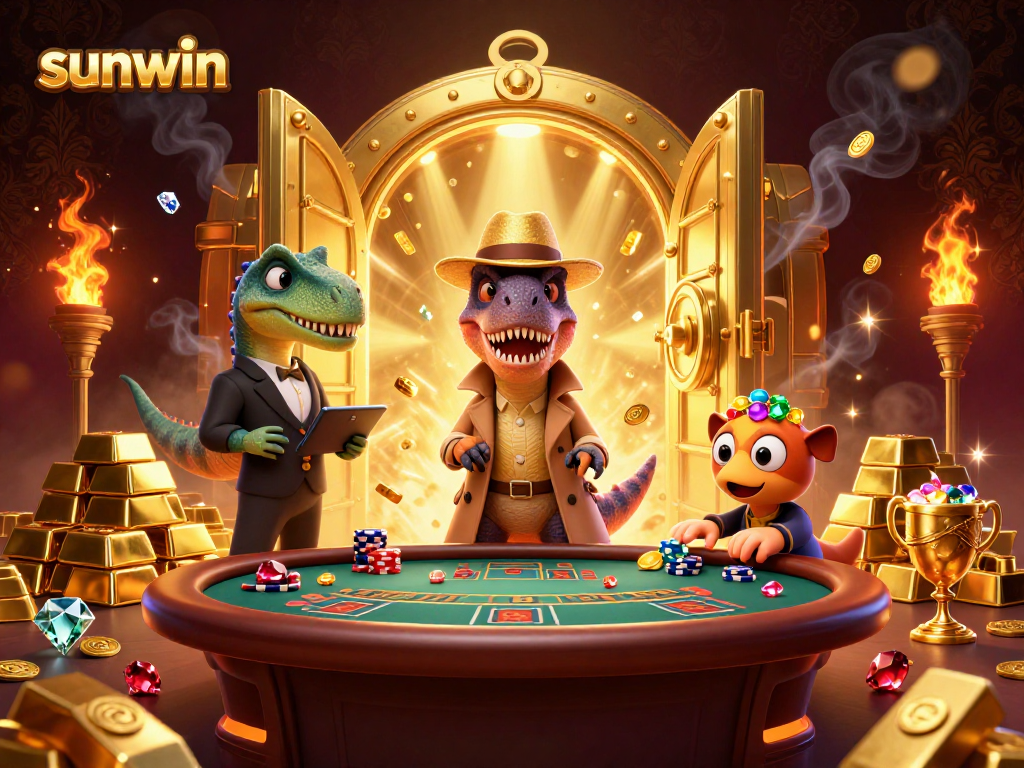 Experience the excitement at sunwin's blackjack table with a velociraptor card counter, surrounded by treasures and a suspicious pit boss.