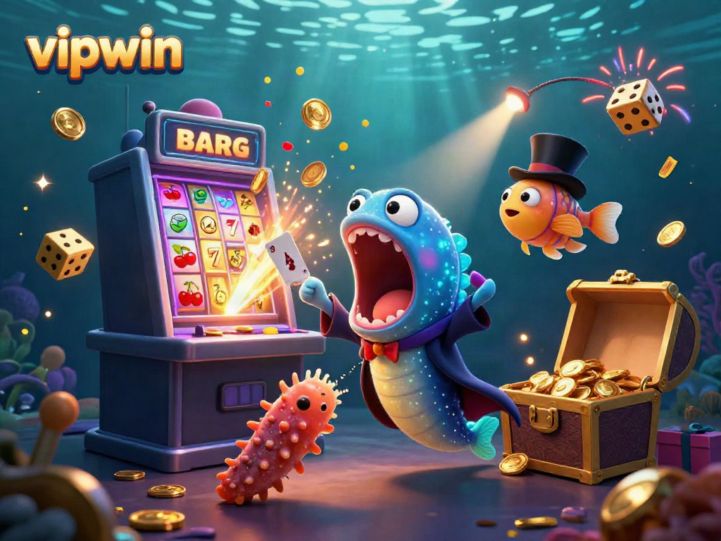 Win huge jackpots at vipwin in this vibrant 3D casino scene filled with lively characters and festive elements.