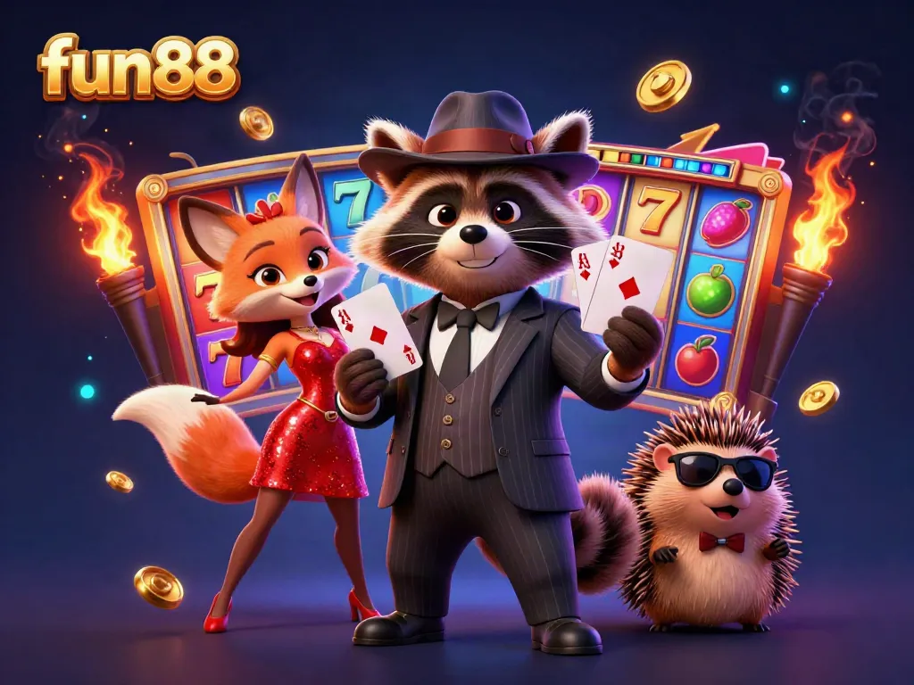 Experience thrilling fun88 slot games with raccoon, fox, and hedgehog characters in a vibrant 3D illustration.