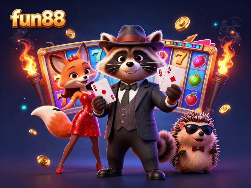 Experience thrilling fun88 slot games with raccoon, fox, and hedgehog characters in a vibrant 3D illustration.