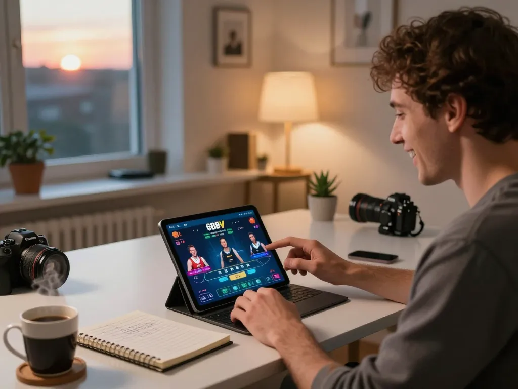 Engaging in thrilling gameplay on the 688vbest betting app surrounded by a cozy home environment.