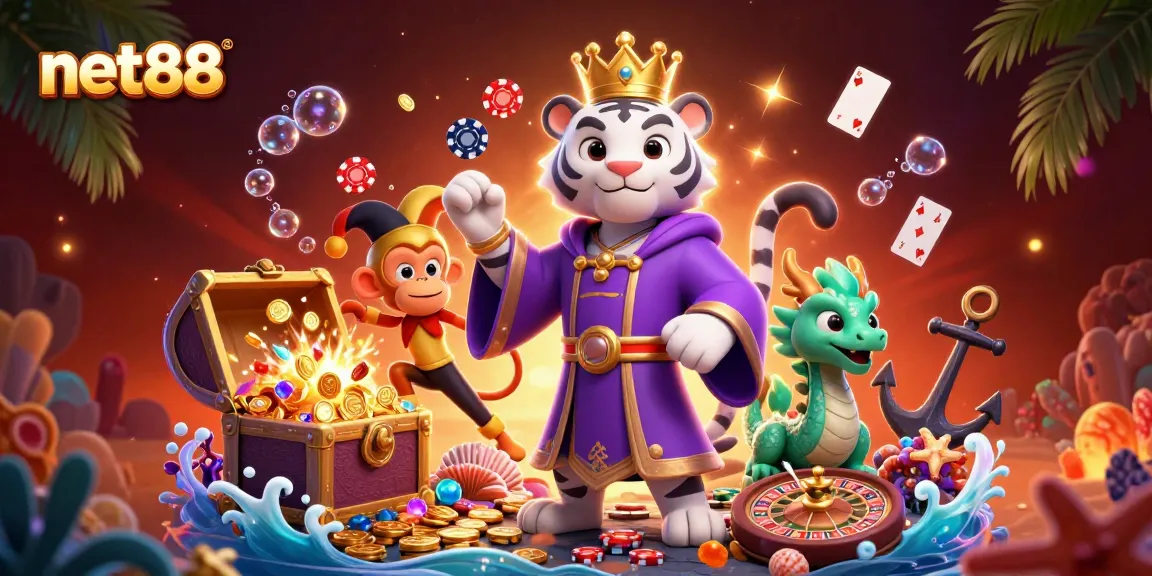 Experience thrilling wins at net88 with a playful monkey juggling poker chips amid dazzling casino elements.
