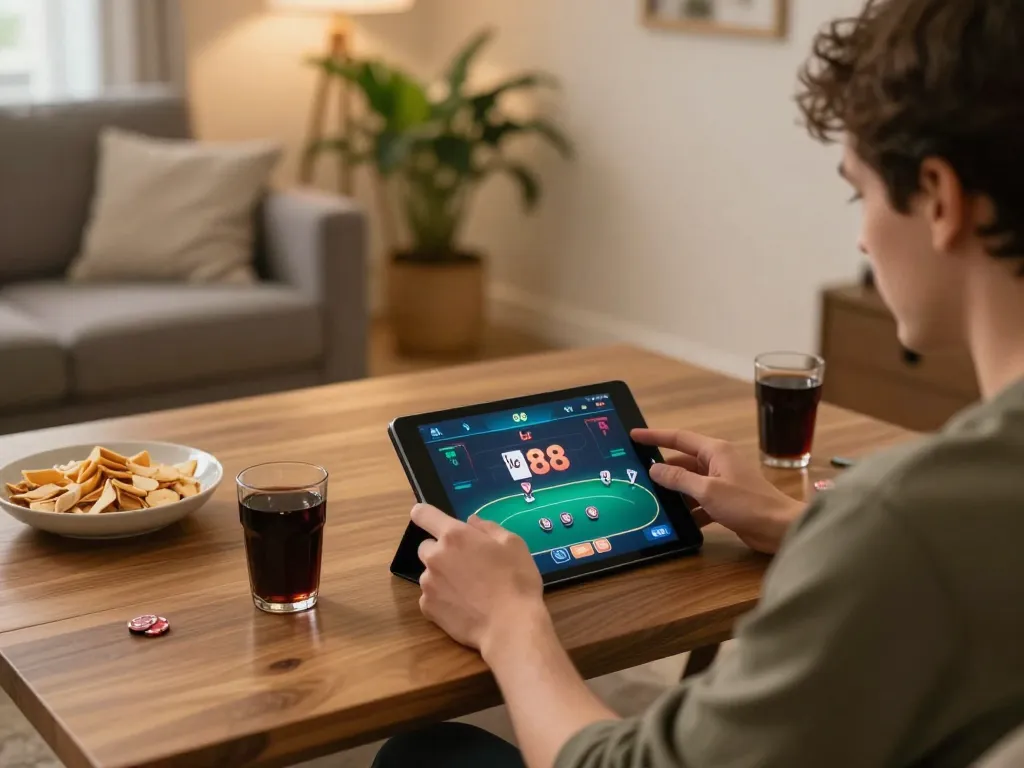 Player engaging in lc 88 online poker game on tablet in cozy home setting.